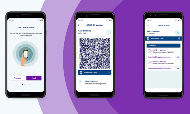 3个手机屏幕上的紫色背景，1个用手机图标，1个带有大QR码和1个带有2个疫苗剂量的1个